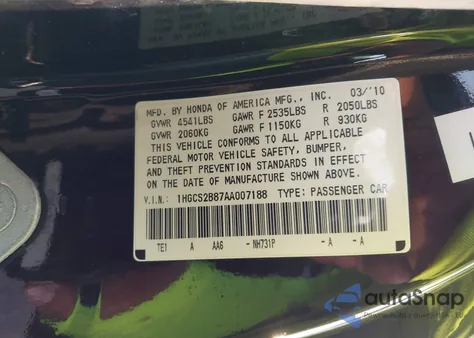 2010 Honda Accord 3.5 Ex-L from USA, damaged, VIN 1HGCS2B87AA007188